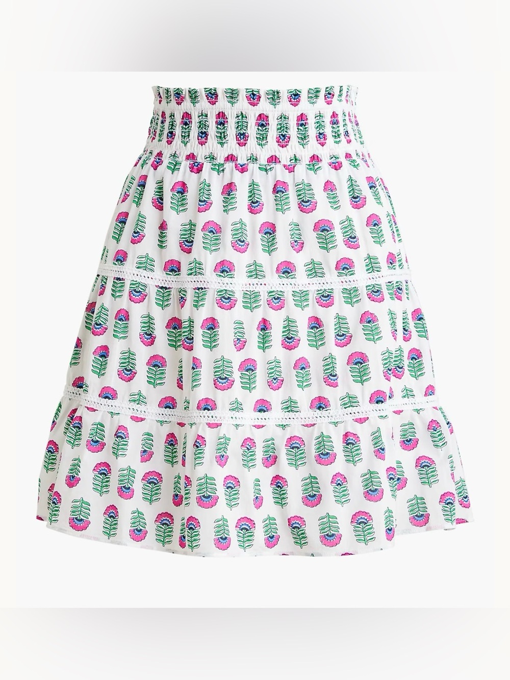 J Crew Smocked Tiered Floral Skirt Size Large White Folk Pull On Cotton
